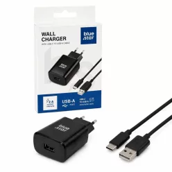   Blue Star 2A hálózati töltő szett, 2A USB aljzat +  USB-C kábel